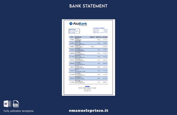 modello Excel di estratto conto bancario AtaBank in stile verificato dell'Azerba
